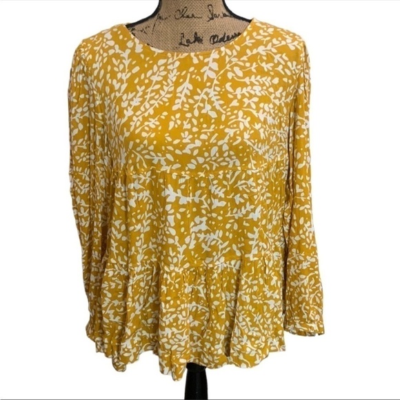 Time and Tru Floral Ruffled Empire Waist Peasant Long Sleeved Mustard Top Size M - Picture 3 of 7